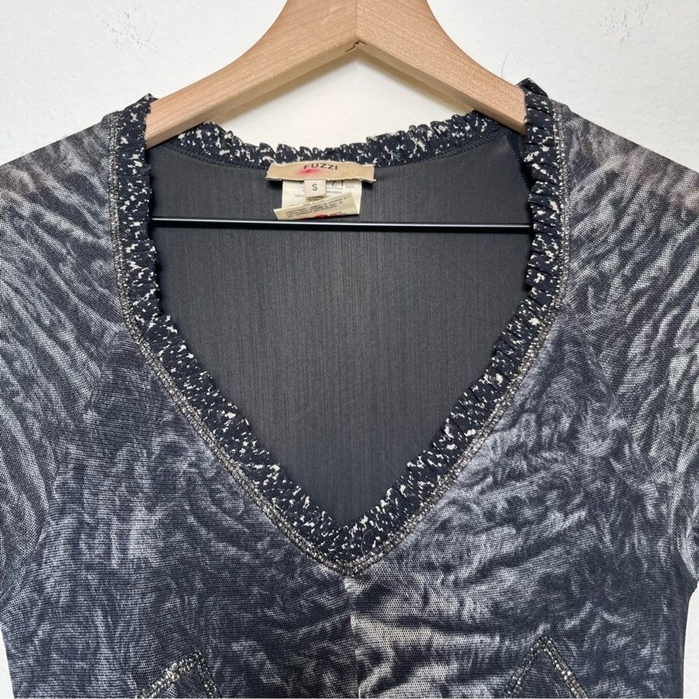 FUZZI Women Dress S Black Gray Mesh Beaded V-Neck Long Sleeve Maxi Bodycon